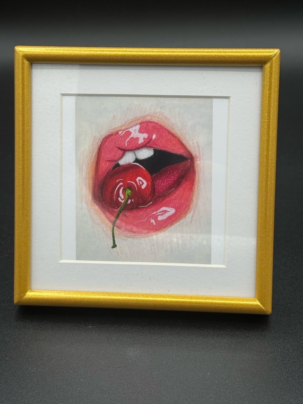 NWOT, 4”x4”, Small Gold Framed Unique Cherry Lips Art - Home Art, New